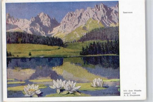 im Bergsee - Mit dem Munde gemalt sign Stegmann Seerose 1951