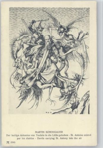 1918 sign Martin Schongauer - Der heilige Antonius wird von Teufeln in die Lüfte gehoben - christliches