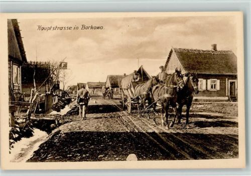 Hauptstraße Wohlfahrts-Postkarte Ostpreußenhilfe Borkowo Pferdekutsche