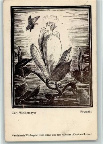 1918 Carl Weidemeyer "Erwacht" Aus dem Kalender "Kunst und Leben - Engel in der Blüte, Schmetterlin