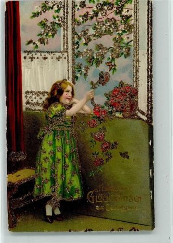 Geburtstag Glimmer AK Mädchen steht am Fenster und pflückt die Kletterrosen