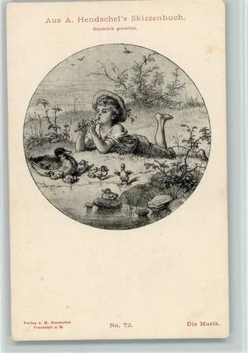 Aus Hendschels Skizzenbuch Nr. 72 AK Kind mit einer Flöte, Entenfamilie