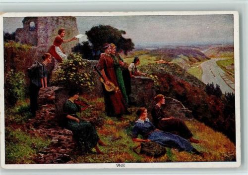 Eine schöne Aussicht, Frauen Wandergruppe mit Geige und Gitarre , Wandervögel , sign Robert Kämmerer Kämmerer, R.