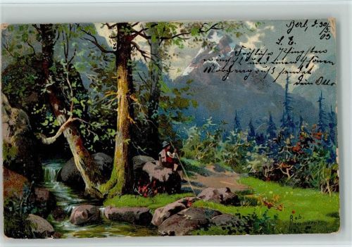 An An einem Bach in den Bergen rasten, Wandern , sign Rob. Kämmerer Kämmerer, R. 1903 Lithographie