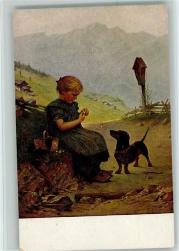 1922 Mädchen mit Holzschuhe und einem Dackel sitzt am Wegekreuz, Verlag Seemann Nr. 129 AK