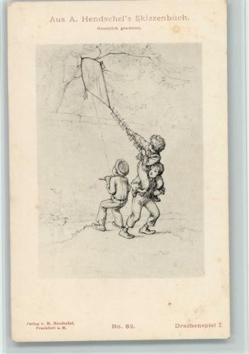 Aus Hendschels Skizzenbuch Nr. 82 AK Drachen steigen lassen, im Baum verheddert , Drachenspiel I - Kinder