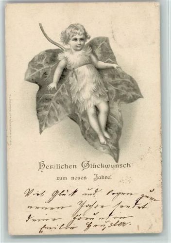 1901 Neujahr - Kind auf einem Efeublatt