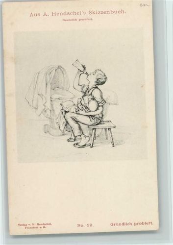 1900 Aus Hendschels Skizzenbuch Nr. 59 AK Baby die Milchflasche geben, Wiege