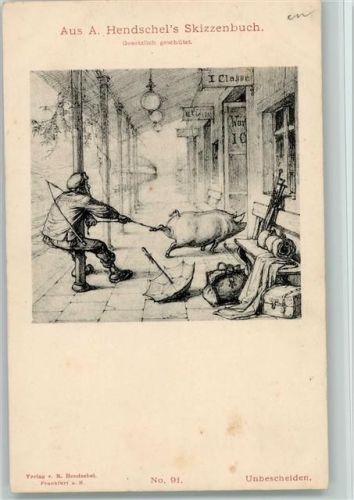 1900 Aus Hendschels Skizzenbuch Nr. 91 AK Das Schwein läuft am Bahnhof weg