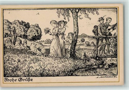 Serie Frohe Grüße Nr. 4 sign Michaelis - Federzeichnung - Wandervögel begegnen schöne Frauen Naturfreunde 1912