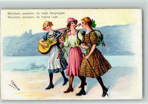 Serie 6736-2 Wandervögel du meine Lust - Drei Mädchen mit Gitarre