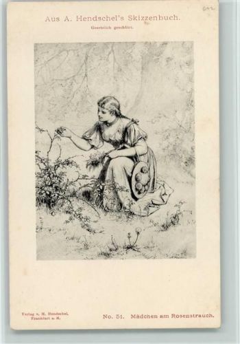 1900 Aus Hendschels Skizzenbuch Nr. 51 AK Mädchen am Rosenstrauch