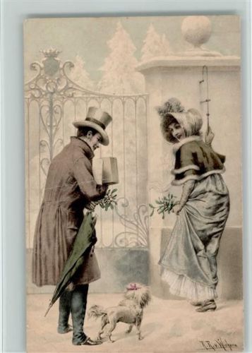 sign R.R. v. Wichera -Glamourpaar mit Hund am Tor schellen, Weihnachten Biedermeierzeit Wichera, R. R. v. 1902 Künstlerkarte
