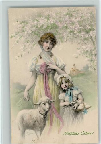 Nr. 300 Munk Ostern - Mutter und Kind mit Ostereier und einem Lamm , sign R.R. v. Wichera Wichera, R. R. v. 1913 Künstlerkarte