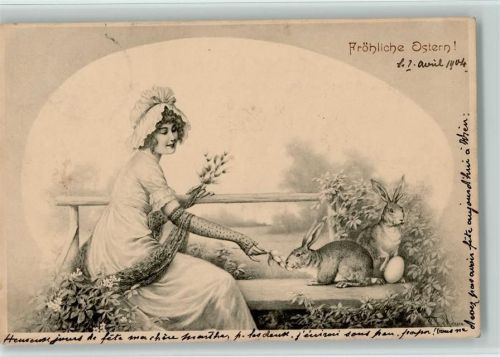 Nr. 178 Munk - Ostern - Glamour Frau füttert die Osterhasen sign R.R. v. Wichera Wichera, R. R. v. 1904 Künstlerkarte