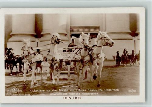 Ramon Novarro 4 Lippizaner aus dem Marstall des früheren Kaisers von Österreich gewinnen das römische Wagenrennen Ben Hur Verlag Ross Ben Hur