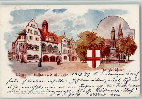 Freiburg 1899 Rathaus u. Denkmal Berthold Schwarz