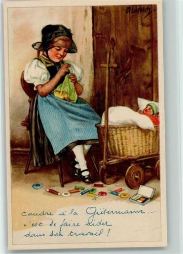 Mädchen mit Puppenwagen, Sticken, Gütermann Garn, Werbung - Trachten Liebich C. Künstlerkarte