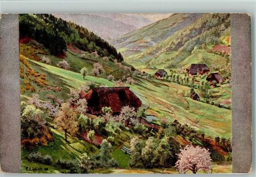 Schwarzwaldhäuser - Frühling im Schwarzwald - Künstlerkarte des Volkskunstverlages Serie II-161 AK Liebich C. 1919