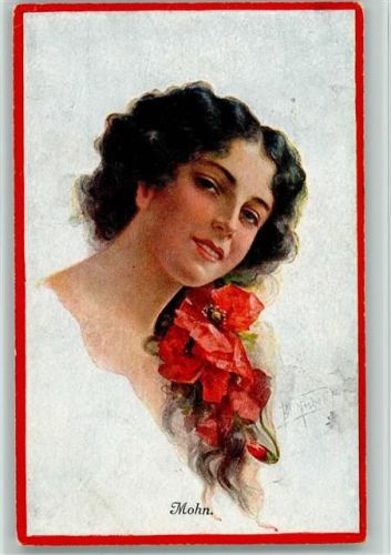 Nr. 1100 sign Bill Fisher - Frauenkopf mit Mohnblumen Fisher, B. Künstlerkarte