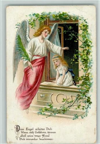 Gedicht - Engel mit Palmenblatt beschützt Mädchen am Fenster, litho 1910 AK