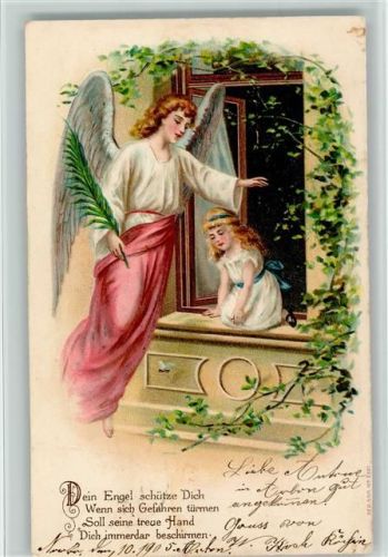 Gedicht - Engel mit Palmenblatt beschützt Mädchen am Fenster, litho 1906 AK