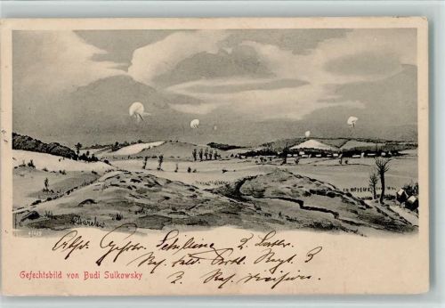 Gefecht in Budi Sulkowsky - Serie I Feldpostkarte vom russ. poln. Kriegsschauplatz sign Starke Gefecht WK I und WK II Künstlerkarte