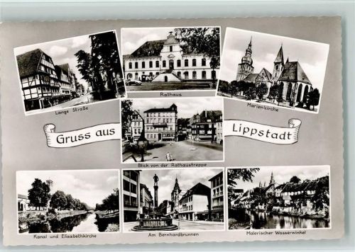 Lippstadt Lange Straße Rathaus Marienkirche Blick von der Rathaustreppe Kanal und Elisabethkirche am Bernhardbrunnen Wasserwinkel