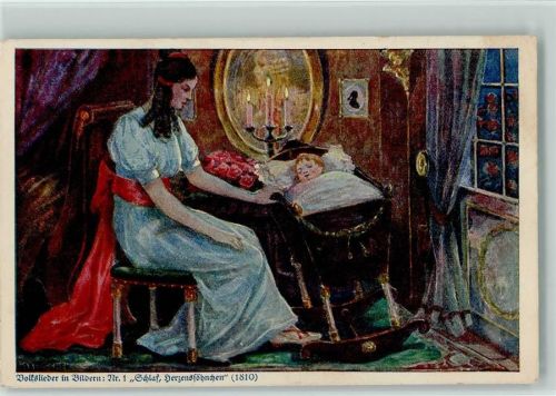 Volkslieder in Bildern Nr. 1 , Schlaf, Herzenssöhnchen , Baby in der Wiege - Wohlfahrtskarte Kolonial Kriegerspende 1919 AK