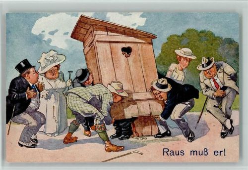 Nr. 1296 Klohaus - Raus muß er - Männer heben das Klohaus hoch