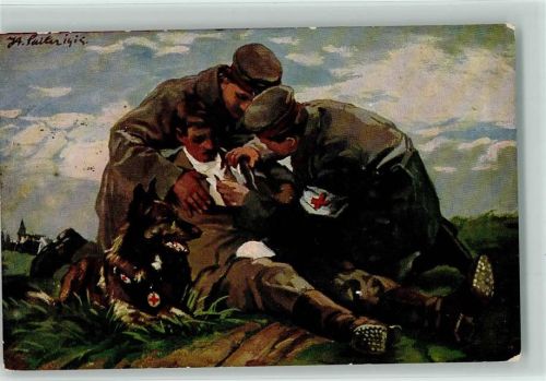 Der Sanitätshund im Felde Nr. 3 - WK I Verwundeter wird vom Führer des Hundes verbunden Sanitätshund