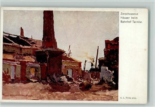 Nr. 229 Kriegsfürsorgeamt WK I AK Zerschossenen Häuser beim Bahnhof Tarnow , sign Prinz Kriegsfürsorgeamt