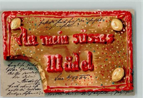 Großer Lebkuchen , Ecke abgebissen ,"An mein süsses Mädel" litho 1901 AK Lebkuchen Prägedruck