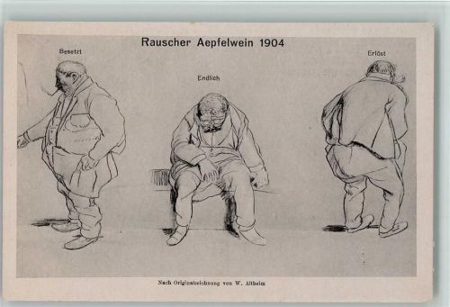 Zeichnung von W. Altheim - Besetzt, Endlich, Erlöst - Rauscher Aepfelwein 1904 -