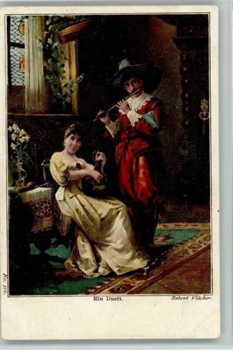 1900 Ein Duett - Hausmusik im Mittelalter 1900 AK Gemälde von Völcker