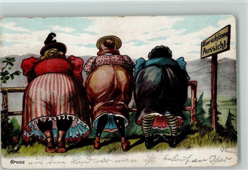 Zurm schönen Aussicht - drei Frauen zeigen das Hinterteil 1907 AK Dicker Mensch
