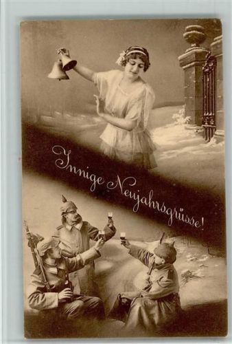 Neujahr - Frau mit zwei Glocken, Soldaten trinken Wein Wk I AK