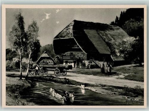 Schwarzwaldhaus sign Willi M. , Pferdegespann mit Holz beladen, Bauern