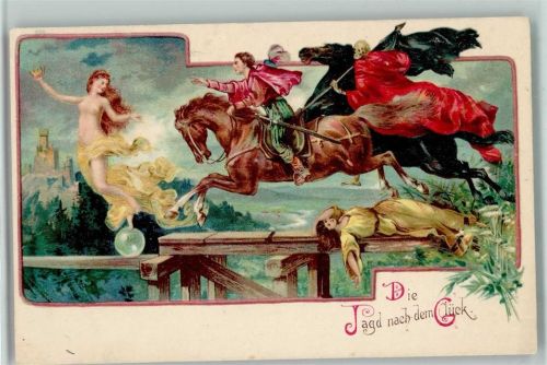 Die Jagd nach dem Glück - Der Tod reitet mit litho 1900 AK Tod