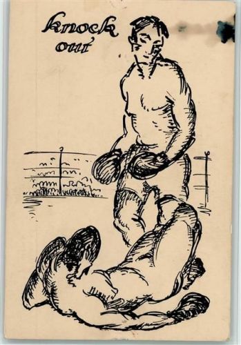 Knock out - Federzeichnung von A. Walter Boxen Künstlerkarte