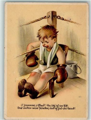 Im Ring in der Ecke sitzen - Atemlos - Kind ca 1940 AK Boxen Künstlerkarte