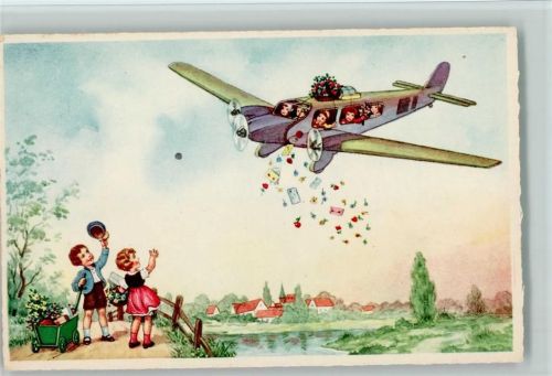 Kinder werfen aus dem Flugzeug Blumen - Glückwunsch ca 1930 AK Glückwunsch Flugzeug