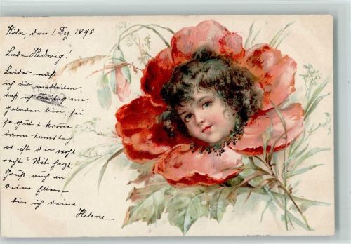 Kinderkopf in einer Mohnblume 1898 litho AK