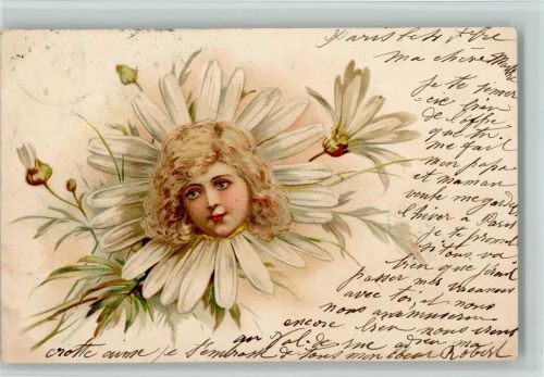 Kindergesicht in einer Margareten Blume litho 1900 AK Phantasie