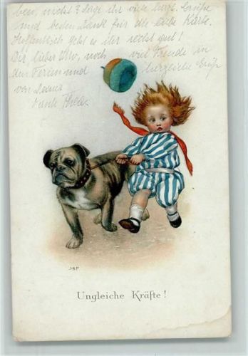 Ungleiche Kräfte - Der Boxer zieht das Kind ca 1925 AK Boxer