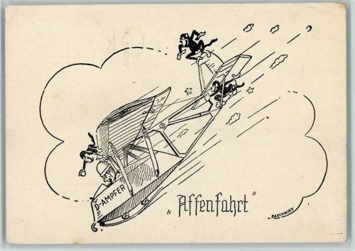 Fliegerhumor - Affenfahrt, Affen sign Barkowsky - Karikatur Fliegerhumor