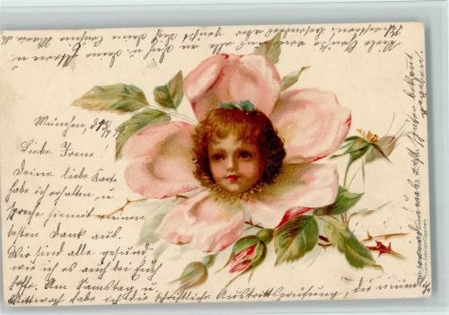 Kinderkopf in einer Blüte litho 1899 AK Jugendstil
