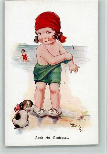 Mädchen mit Badeanzug am Strand Butcher, A. Künstlerkarte