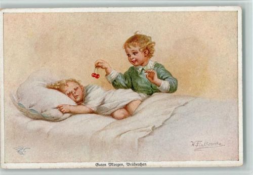 Guten Morgen Brüderchen, Kinder und Kirschen Fialkowska, W. Künstlerkarte