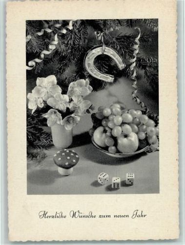 Neujahr, Hufeisen, Früchteteller, Becher und Würfel ca 1950 AK Würfeln